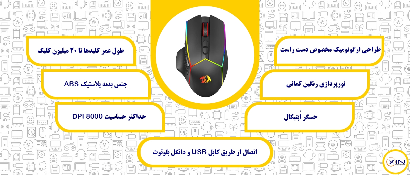 مشخصات ماوس گیمینگ بی‌سیم ردراگون مدل AXE M814 PRO